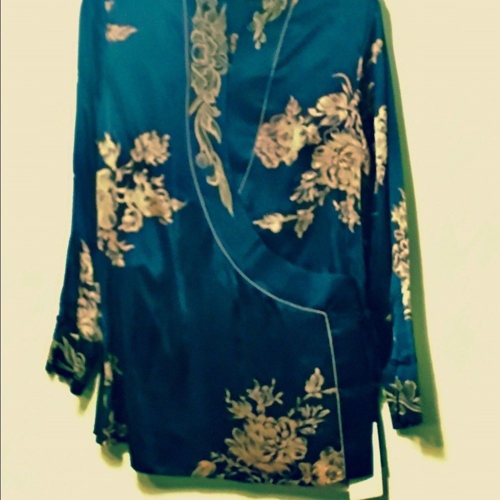 Silk Coat One of a Kind Original Qinyi Shanghai Fashion Show Navy Gold Womens XL - Picture 8 of 8